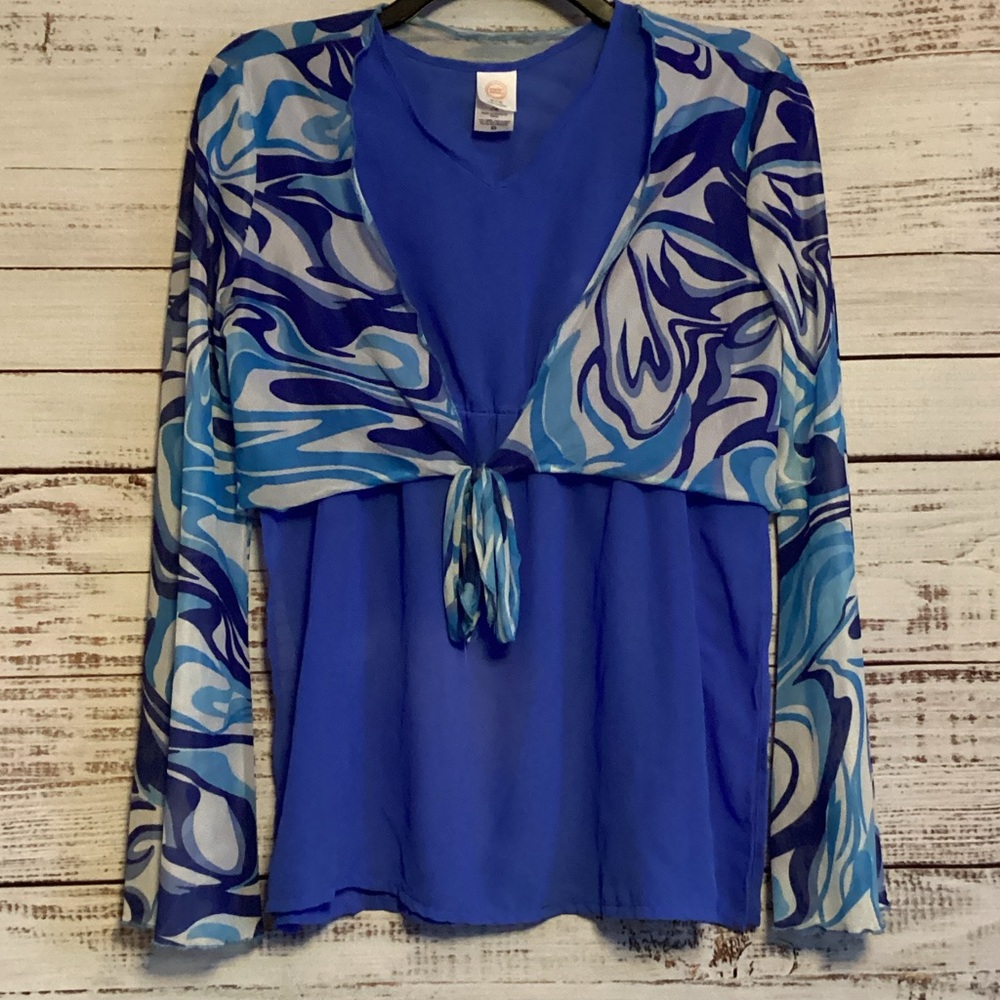 Wonder Nation Blue and White Swirl Tie-Front Blouse